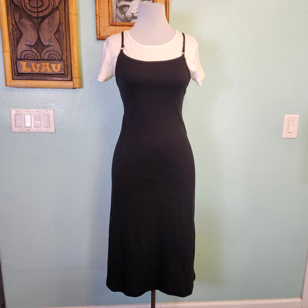 Marnie West Black Lace Up‎ Back Ribbed Midi Dress M Y2K Grunge Bodycon Stretch